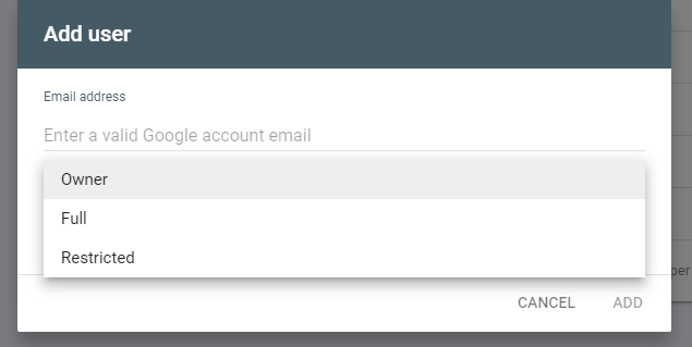 Google Search Console. “Add user” window