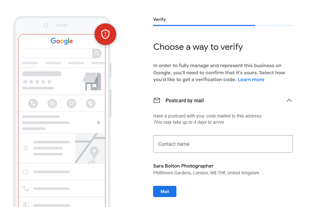 Select a method to verify your profile (for example, by post). We say more about this below